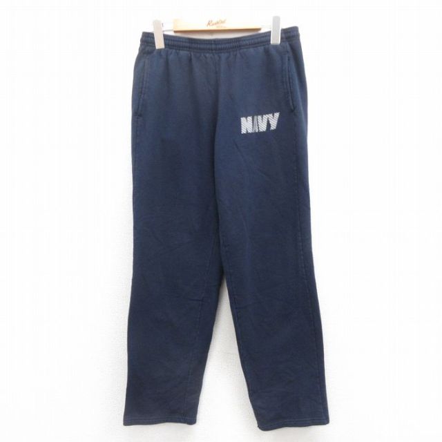 W32★古着 スウェット パンツ 90年代 90s ミリタリー ネイビー NAVY リフレクター USA製 紺 25aug06 中古 メンズ ボトムス ロング