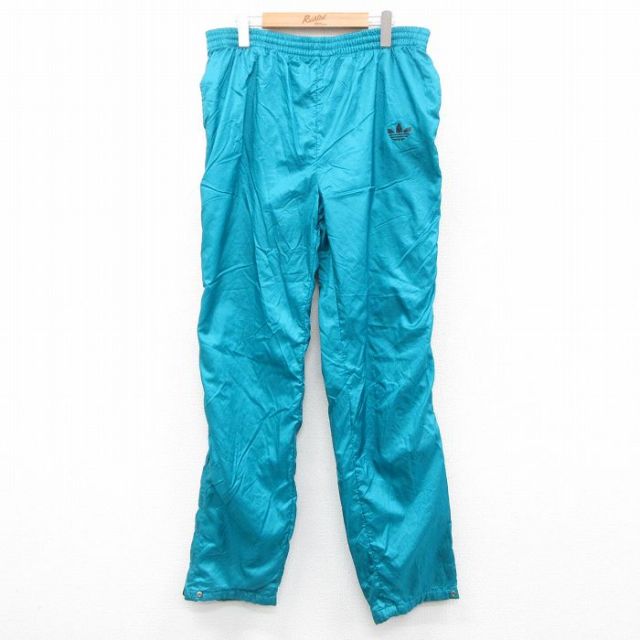 W33★古着 アディダス adidas ナイロン パンツ メンズ 90年代 90s ワンポイントロゴ リーフ トレフォイル 青緑 内側メッシュ 【spe】 25oct18 中古 ボトムス ロング