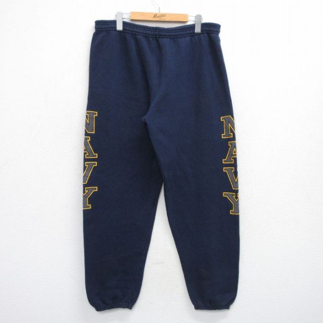 W38★古着 スウェット パンツ メンズ 90年代 90s ミリタリー ネイビー リフレクター USA製 紺 25oct29 中古 ボトムス ロング