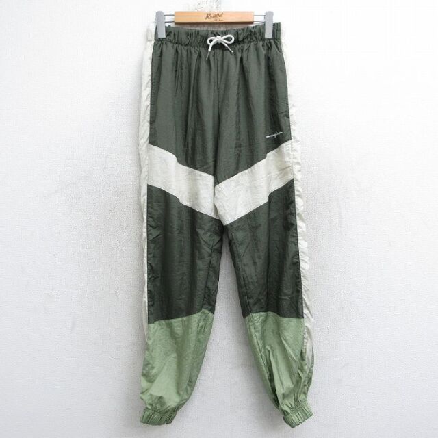 W28★古着 チャンピオン Champion ナイロン パンツ メンズ ワンポイントロゴ マルチカラー 濃緑他 内側メッシュ 25nov21