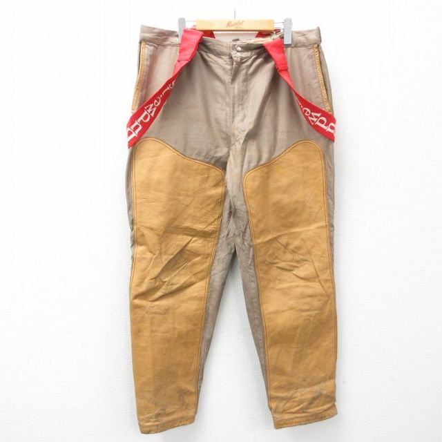 W37★古着 10X ビンテージ ハンティング パンツ メンズ 70年代 70s レザー使用 サスペンダー付き バドワイザー コットン USA製 ベージュ他 カーキ 【spe】 25feb13 中古 ボトムス ロング