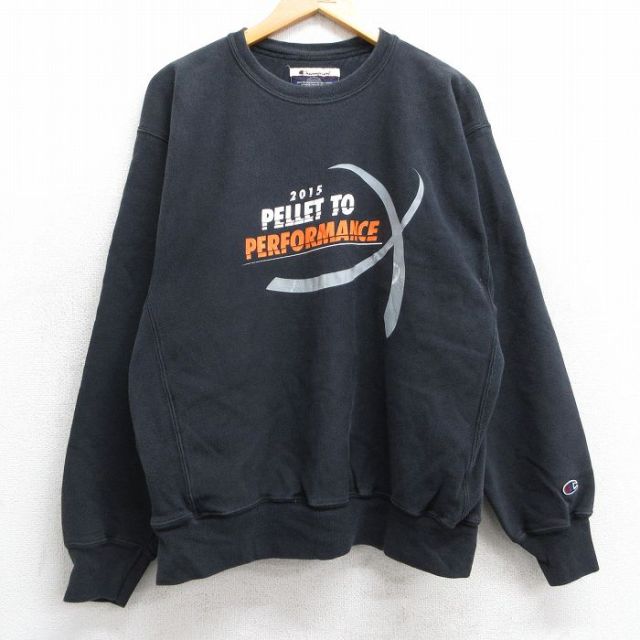 L★古着 長袖 チャンピオン Champion リバースウィーブ メンズ パフォーマンス クルーネック 黒 ブラック 25feb07 中古 スウェット スエット トレーナー トップス