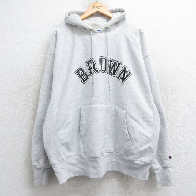 XL★古着 長袖 チャンピオン Champion リバースウィーブ パーカー メンズ 00年代 00s ブラウン 大きいサイズ 薄グレー 霜降り 25feb07 中古 スウェット スエット トレーナー トップス