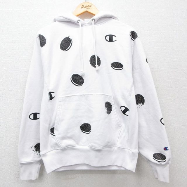 M★古着 長袖 チャンピオン Champion リバースウィーブ パーカー メンズ オレオ 白他 ホワイト 25feb12 中古 スウェット スエット トレーナー トップス