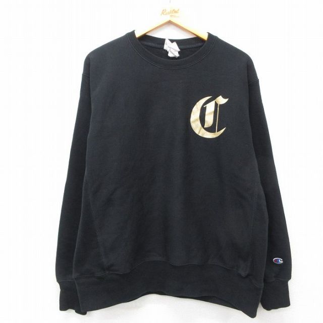 L★古着 長袖 チャンピオン Champion リバースウィーブ メンズ ビッグロゴ クルーネック 黒 ブラック 25feb12 中古 スウェット スエット トレーナー トップス
