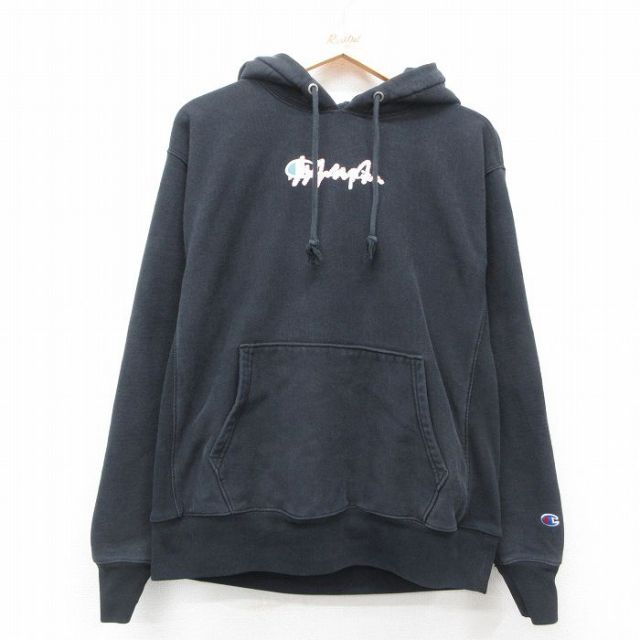 【50%OFF】L★古着 長袖 チャンピオン Champion リバースウィーブ パーカー メンズ ビッグロゴ 黒 ブラック 25feb12 中古 スウェット スエット トレーナー トップス