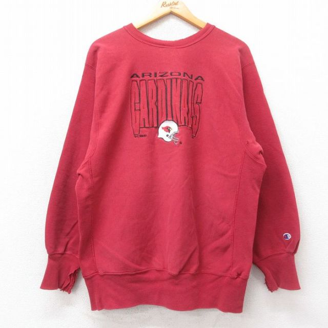 L★古着 長袖 チャンピオン Champion リバースウィーブ メンズ 90年代 90s NFL アリゾナカージナルス クルーネック USA製 エンジ アメフト スーパーボウル 25feb15 中古 スウェット スエット トレーナー トップス