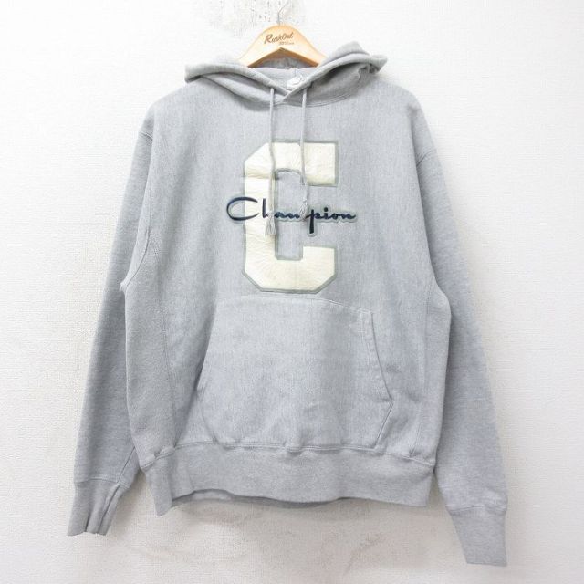 L★古着 長袖 チャンピオン Champion リバースウィーブ パーカー メンズ ビッグロゴ グレー 霜降り 25feb15 中古 スウェット スエット トレーナー トップス
