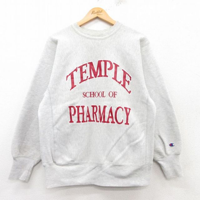M★古着 長袖 チャンピオン Champion リバースウィーブ メンズ 90年代 90s TEMPLE クルーネック USA製 薄グレー 霜降り 25feb15 中古 スウェット スエット トレーナー トップス