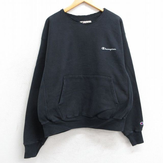 XL★古着 長袖 チャンピオン Champion リバースウィーブ メンズ 00年代 00s ワンポイントロゴ 大きいサイズ クルーネック 黒 ブラック 25feb17 中古 スウェット スエット トレーナー トップス