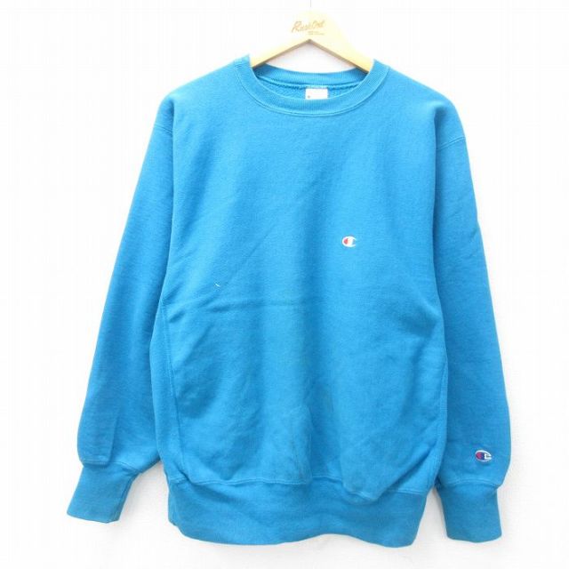 L★古着 長袖 チャンピオン Champion リバースウィーブ メンズ 90年代 90s ワンポイントロゴ クルーネック USA製 水色 25feb18 中古 スウェット スエット トレーナー トップス