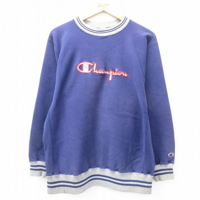 【50%OFF】L★古着 長袖 チャンピオン Champion リバースウィーブ メンズ 90年代 90s ビッグロゴ クルーネック 紫他 パープル 【spe】 25feb18 中古 スウェット スエット トレーナー トップス