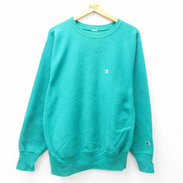 L★古着 長袖 チャンピオン Champion リバースウィーブ メンズ 90年代 90s ワンポイントロゴ クルーネック 青緑 25feb18 中古 スウェット スエット トレーナー トップス