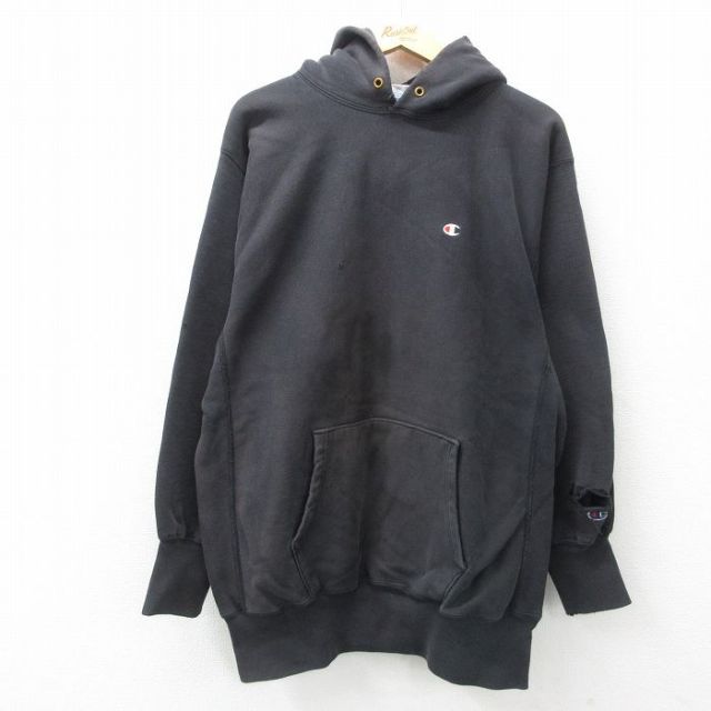 XL★古着 長袖 チャンピオン Champion リバースウィーブ パーカー メンズ 90年代 90s ワンポイントロゴ USA製 黒 ブラック 【spe】 25feb18 中古 スウェット スエット トレーナー トップス