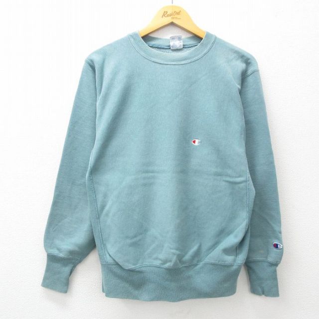 M★古着 長袖 チャンピオン Champion リバースウィーブ メンズ 90年代 90s ワンポイントロゴ クルーネック USA製 薄緑 グリーン 25feb18 中古 スウェット スエット トレーナー トップス