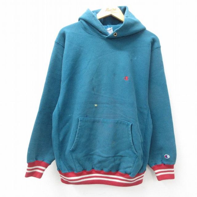 L★古着 長袖 チャンピオン Champion リバースウィーブ パーカー メンズ 90年代 90s ワンポイントロゴ 青緑他 【spe】 25feb18 中古 スウェット スエット トレーナー トップス