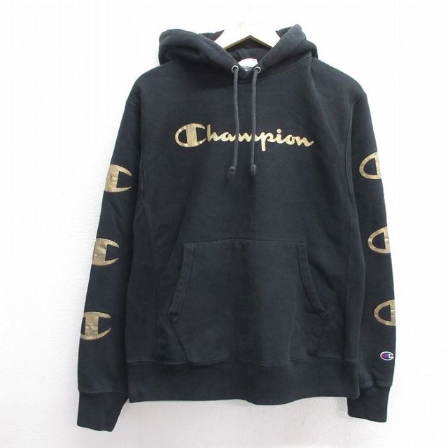 【50%OFF】M★古着 長袖 チャンピオン Champion リバースウィーブ パーカー メンズ ビッグロゴ 黒 ブラック 25feb28 中古 スウェット スエット トレーナー トップス