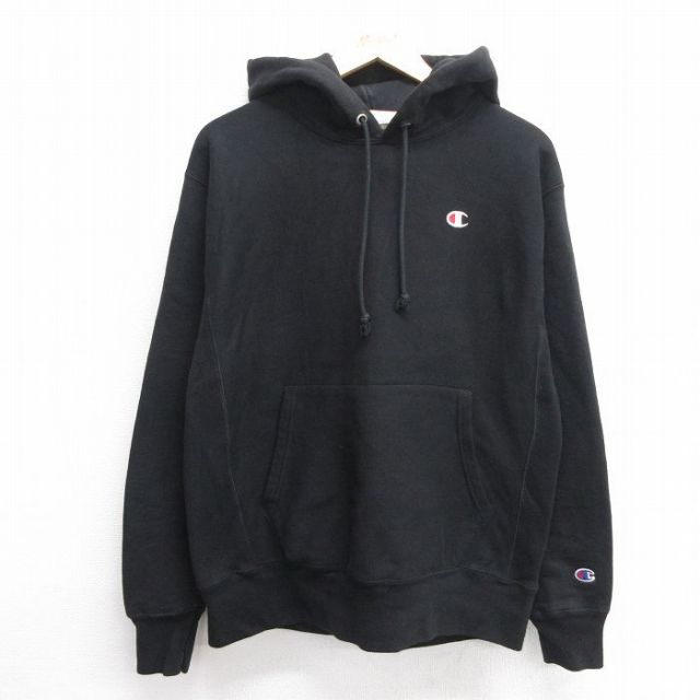 L★古着 長袖 チャンピオン Champion リバースウィーブ パーカー メンズ ワンポイントロゴ 黒 ブラック 25feb28 中古 スウェット スエット トレーナー トップス