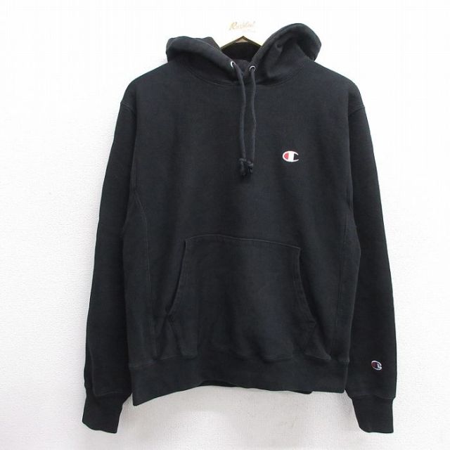 M★古着 長袖 チャンピオン Champion リバースウィーブ パーカー メンズ ワンポイントロゴ 黒 ブラック 25feb28 中古 スウェット スエット トレーナー トップス