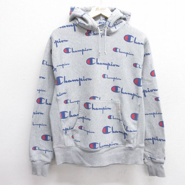 L★古着 長袖 チャンピオン Champion リバースウィーブ パーカー メンズ ビッグロゴ 総柄 グレー他 霜降り 25feb28 中古 スウェット スエット トレーナー トップス