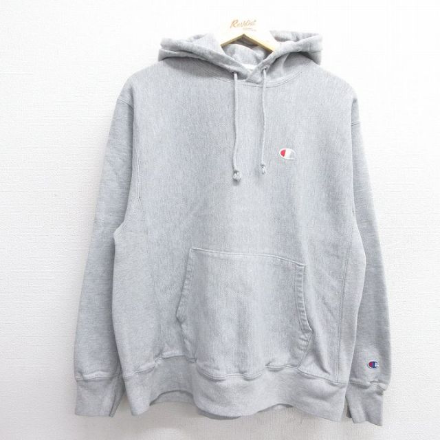 L★古着 長袖 チャンピオン Champion リバースウィーブ パーカー メンズ ワンポイントロゴ グレー 霜降り 25feb28 中古 スウェット スエット トレーナー トップス