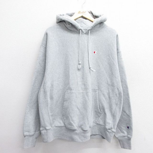XL★古着 長袖 チャンピオン Champion リバースウィーブ パーカー メンズ ワンポイントロゴ 大きいサイズ グレー 霜降り 【spe】 25feb28 中古 スウェット スエット トレーナー トップス