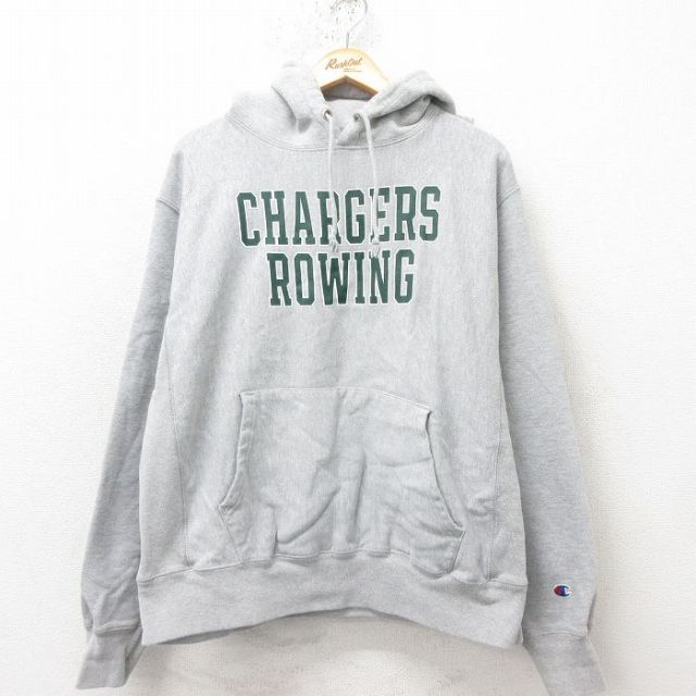 L★古着 長袖 チャンピオン Champion リバースウィーブ パーカー メンズ ROWING グレー 霜降り 25mar01 中古 スウェット スエット トレーナー トップス
