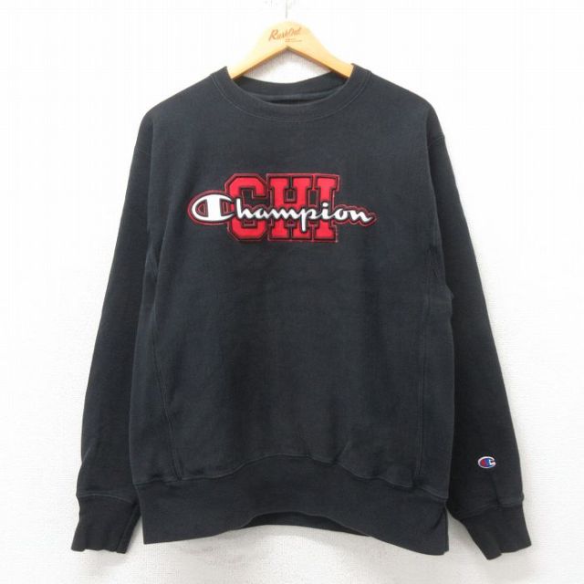 L★古着 長袖 チャンピオン Champion リバースウィーブ メンズ ビッグロゴ クルーネック 黒 ブラック 25mar01 中古 スウェット スエット トレーナー トップス
