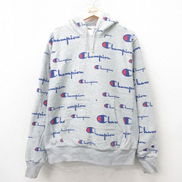 XL★古着 長袖 チャンピオン Champion リバースウィーブ パーカー メンズ 総柄 グレー 霜降り 【spe】 25mar01 中古 スウェット スエット トレーナー トップス