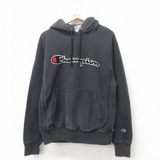 L★古着 長袖 チャンピオン Champion リバースウィーブ パーカー メンズ ビッグロゴ 黒 ブラック 25mar01 中古 スウェット スエット トレーナー トップス