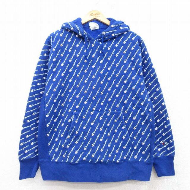 XL★古着 長袖 チャンピオン Champion リバースウィーブ パーカー メンズ ワンポイントロゴ 総柄 大きいサイズ 青他 ブルー 25mar07 中古 スウェット スエット トレーナー トップス