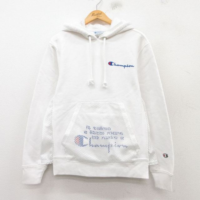 L★古着 長袖 チャンピオン Champion リバースウィーブ パーカー メンズ ビッグロゴ メッシュ地使用 白 ホワイト 25mar10 中古 スウェット スエット トレーナー トップス