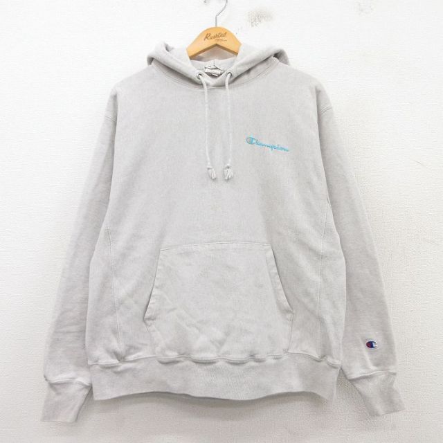 L★古着 長袖 チャンピオン Champion リバースウィーブ パーカー メンズ ワンポイントロゴ グレー 霜降り 25mar10 中古 スウェット スエット トレーナー トップス