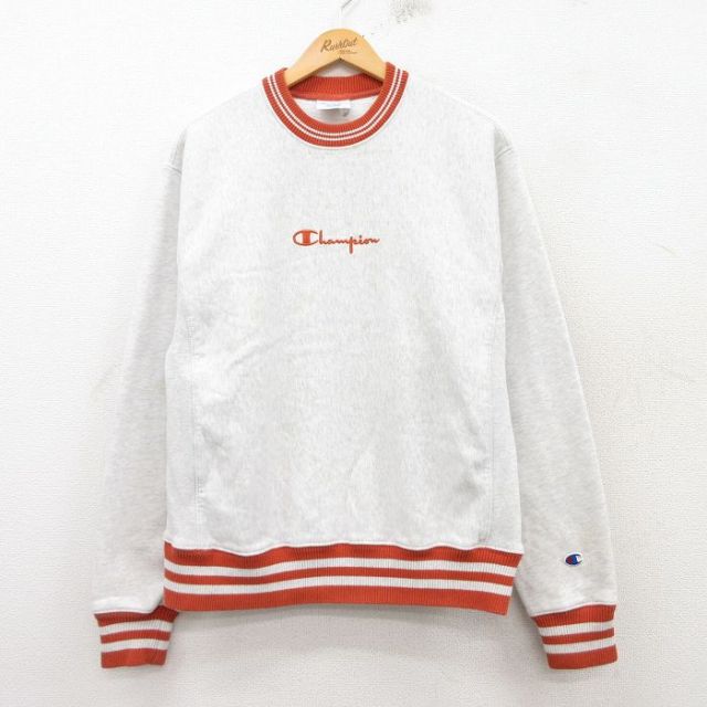 M★古着 長袖 チャンピオン Champion リバースウィーブ メンズ ワンポイントロゴ クルーネック 薄グレー 霜降り 25mar10 中古 スウェット スエット トレーナー トップス