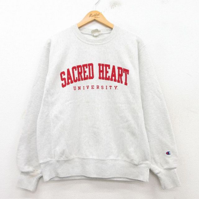 L★古着 長袖 チャンピオン Champion リバースウィーブ メンズ サクレッドハート 大学 クルーネック 薄グレー 霜降り 25mar10 中古 スウェット スエット トレーナー トップス
