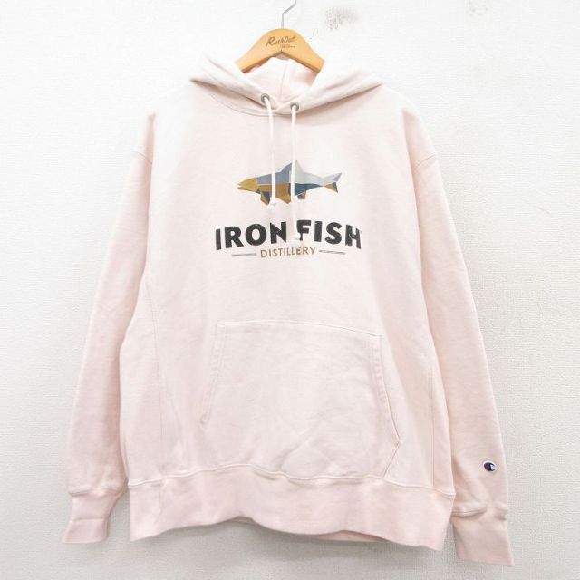 XL★古着 長袖 チャンピオン Champion リバースウィーブ パーカー メンズ 魚 大きいサイズ 薄ピンク 25mar10 中古 スウェット スエット トレーナー トップス