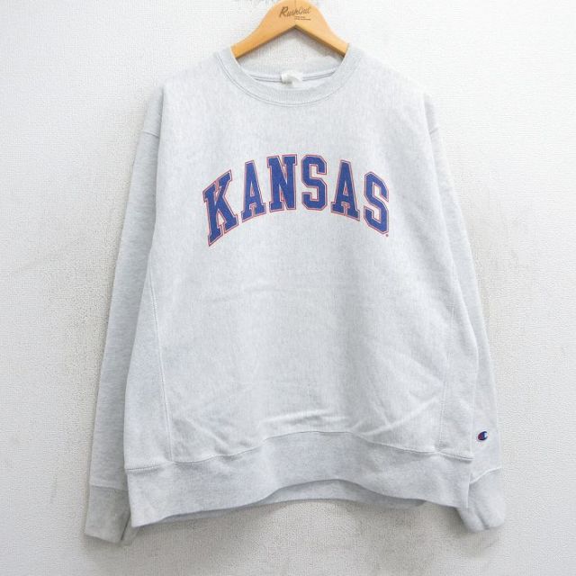 XL★古着 長袖 チャンピオン Champion リバースウィーブ メンズ カンザス クルーネック 薄グレー 霜降り 25mar17 中古 スウェット スエット トレーナー トップス