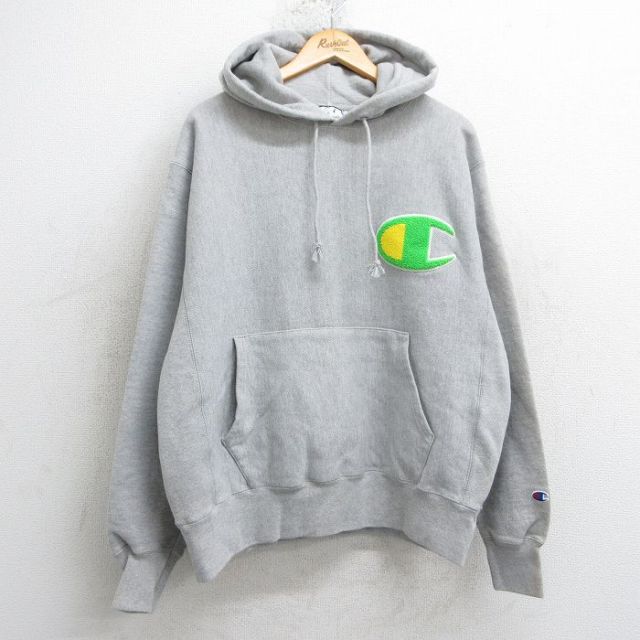 L★古着 長袖 チャンピオン Champion リバースウィーブ パーカー メンズ ワンポイントロゴ デッドストック グレー 霜降り 25mar17 中古 スウェット スエット トレーナー トップス