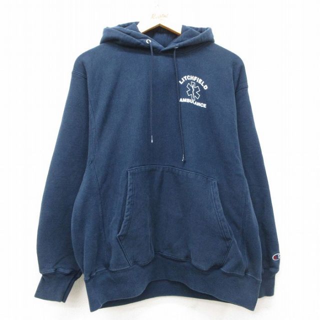 L★古着 長袖 チャンピオン Champion リバースウィーブ メンズ 00年代 00s LITCHFIELD 紺 ネイビー 25mar22 中古 スウェット スエット トレーナー トップス