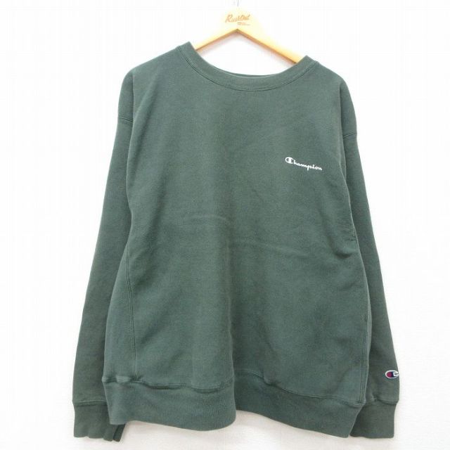 XL★古着 長袖 チャンピオン Champion リバースウィーブ メンズ 00年代 00s ワンポイントロゴ 大きいサイズ クルーネック 緑 グリーン 25mar22 中古 スウェット スエット トレーナー トップス