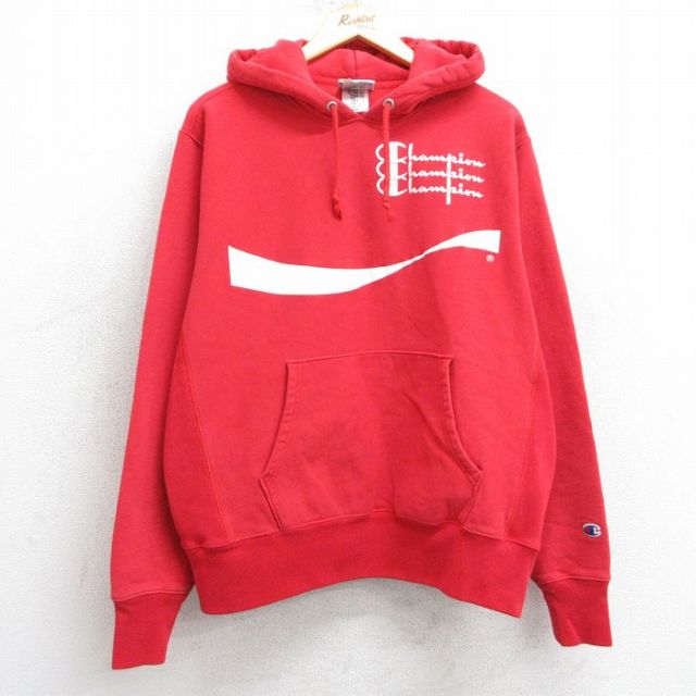 XL★古着 長袖 チャンピオン Champion リバースウィーブ パーカー メンズ ビッグロゴ コカコーラ 赤 レッド 25mar24 中古 スウェット スエット トレーナー トップス