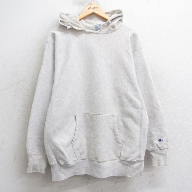 XL★古着 長袖 チャンピオン Champion リバースウィーブ パーカー メンズ 90年代 90s ワンポイントロゴ USA製 薄グレー 霜降り 25mar24 中古 スウェット スエット トレーナー トップス