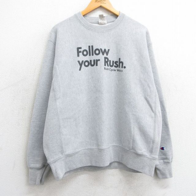 XL★古着 長袖 チャンピオン Champion リバースウィーブ メンズ Follow your Rush クルーネック グレー 霜降り 25mar24 中古 スウェット スエット トレーナー トップス