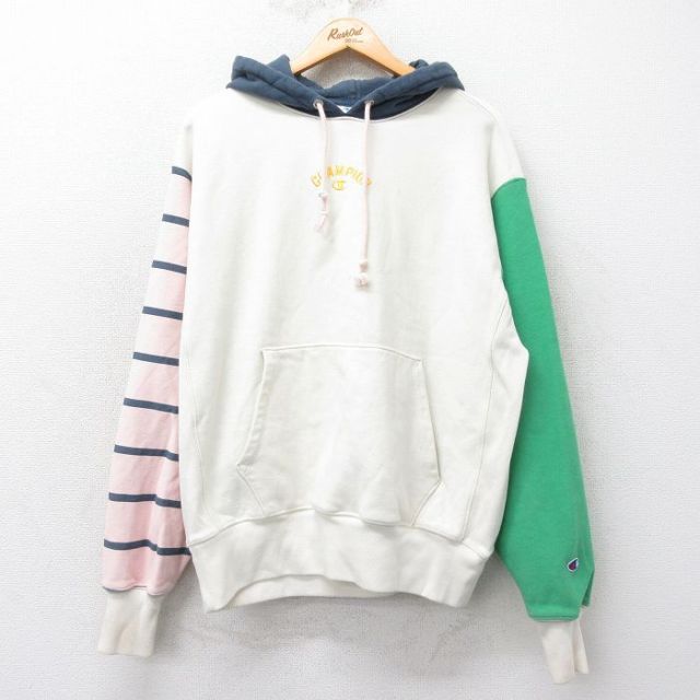 【50%OFF】XL★古着 長袖 チャンピオン Champion リバースウィーブ パーカー メンズ ワンポイントロゴ マルチカラー 生成り他 25mar27 中古 スウェット スエット トレーナー トップス