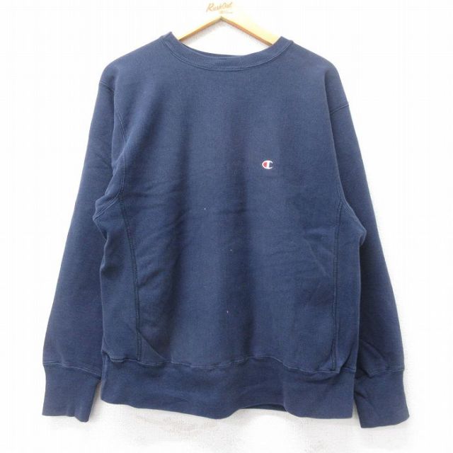 L★古着 長袖 チャンピオン Champion リバースウィーブ メンズ 80年代 80s ワンポイントロゴ クルーネック USA製 紺 ネイビー 【spe】 25mar27 中古 スウェット スエット トレーナー トップス