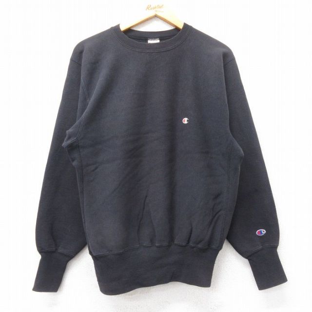 L★古着 長袖 チャンピオン Champion リバースウィーブ メンズ 90年代 90s ワンポイントロゴ クルーネック USA製 黒 ブラック 【spe】 25mar27 中古 スウェット スエット トレーナー トップス