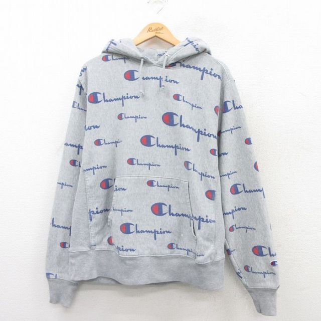 【50%OFF】XL★古着 長袖 チャンピオン Champion リバースウィーブ パーカー メンズ ワンポイントロゴ グレー他 霜降り 25apr09 中古 スウェット スエット トレーナー トップス