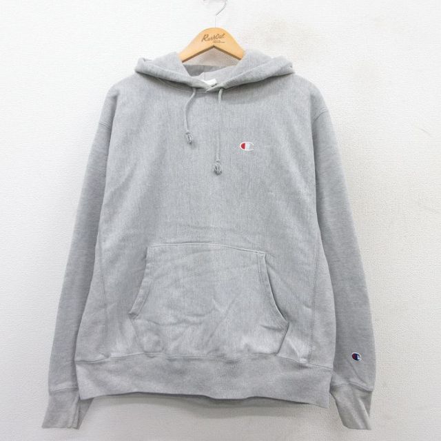 XL★古着 長袖 チャンピオン Champion リバースウィーブ パーカー メンズ ワンポイントロゴ グレー 霜降り 25apr09 中古 スウェット スエット トレーナー トップス
