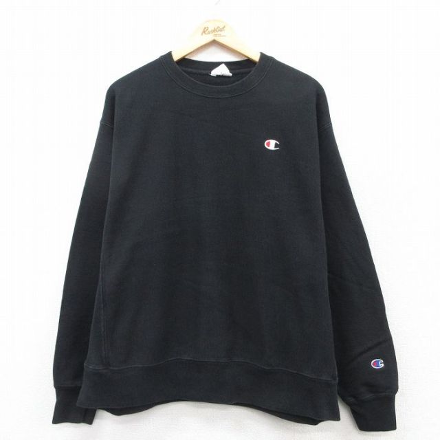 XL★古着 長袖 チャンピオン Champion リバースウィーブ メンズ ワンポイントロゴ 大きいサイズ クルーネック 黒 ブラック 25apr09 中古 スウェット スエット トレーナー トップス
