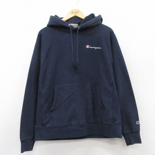 XL★古着 長袖 チャンピオン Champion リバースウィーブ パーカー メンズ ワンポイントロゴ 紺 ネイビー 25apr09 中古 スウェット スエット トレーナー トップス